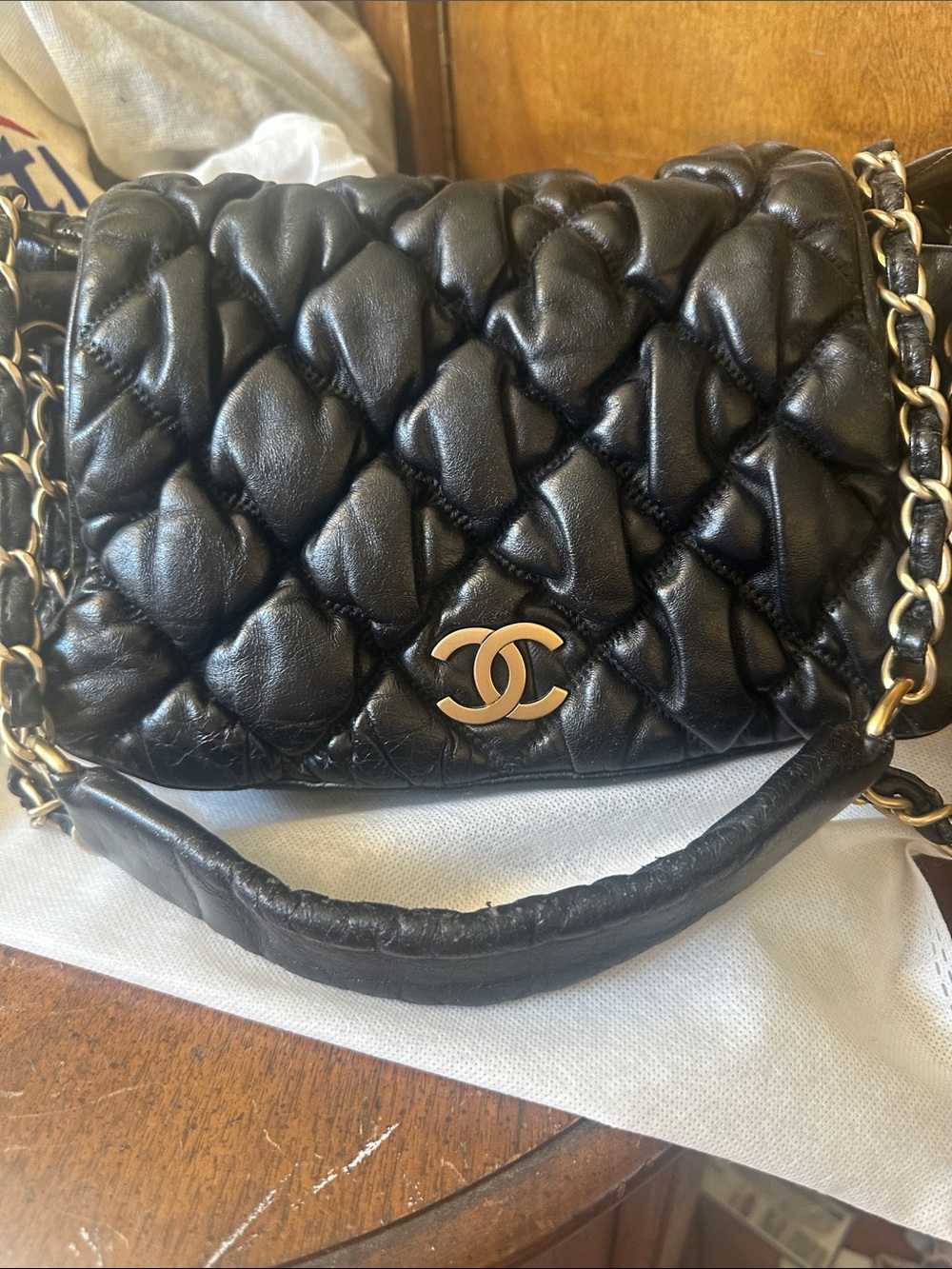 CHANEL Black Quilted Lambskin Shoulder Bag with Gold CC